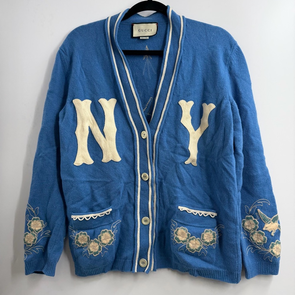 Gucci x NY Yankees MLB Wool Cardigan Size S Blue Embroidered Birds Floral